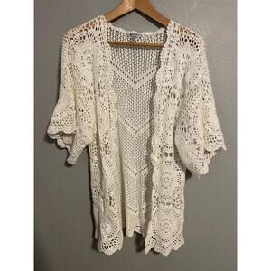 Linea Domani Cardigan Sweater Womens Medium White Crochet Open Knit Kimono Boho